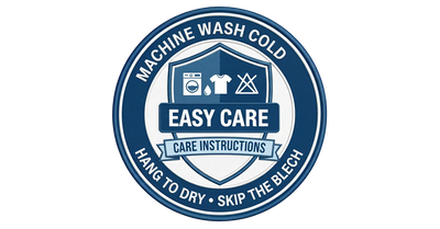Blue circular badges with text and icons for washing care instructions on a white background