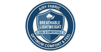 Circular breathable lightweight fabric badge with text on a white background