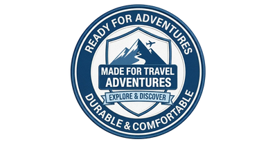 Circular adventure badge with mountain graphic and text on a white background