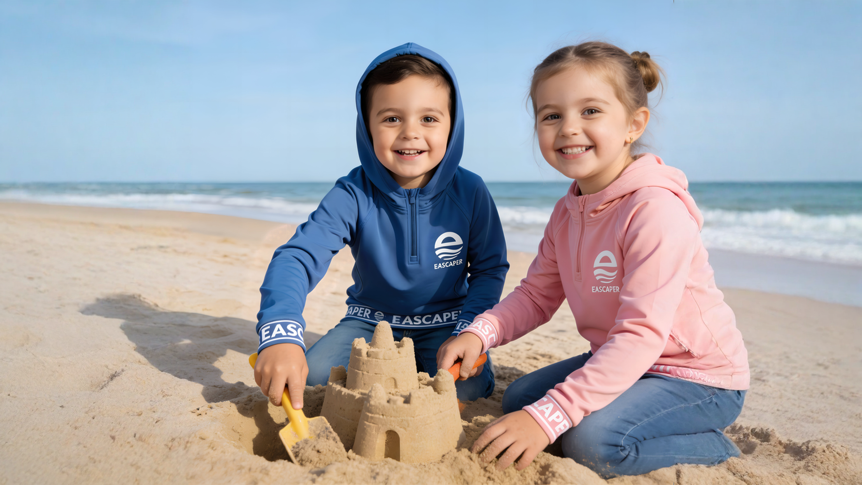 Two children building a sandcastle on a beach with a clear blue sky.
